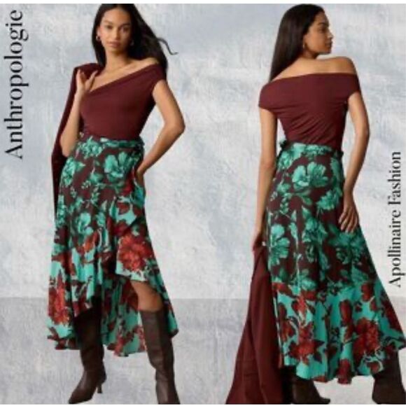 Maeve By Anthropologie NWT 2 tone floral ruffle wrap high low maxi skirt S - Picture 1 of 13